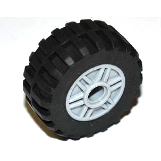 Wheel & Tire Assembly 18mm D. x 14mm with Pin Hole, Fake Bolts and Shallow Spokes with Black Tire 30.4 x 14 Offset Tread - Band Around Center of Tread (55981 / 92402)