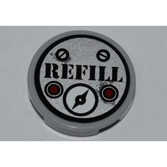 Tile, Round 2 x 2 with Screws, 'REFILL', 2 Red Buttons and Gauge Pattern (Sticker) - Set 5887