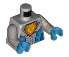 Torso Nexo Knights Armor with Orange Emblem with Yellow Crowned Lion, Dark Azure Panels Pattern / Flat Silver Arms / Dark Azure Hands