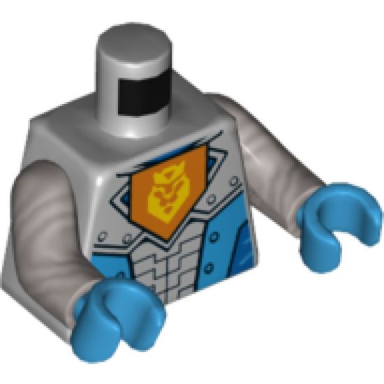 Torso Nexo Knights Armor with Orange Emblem with Yellow Crowned Lion, Dark Azure Panels Pattern / Flat Silver Arms / Dark Azure Hands