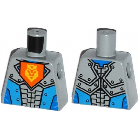 Torso Nexo Knights Armor with Orange Emblem with Yellow Crowned Lion, Dark Azure Panels Pattern