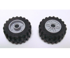 Wheel & Tire Assembly 18mm D. x 14mm with Pin Hole, Fake Bolts and Shallow Spokes with Black Tire 30.4 x 14 Offset Tread (55981 / 30391)