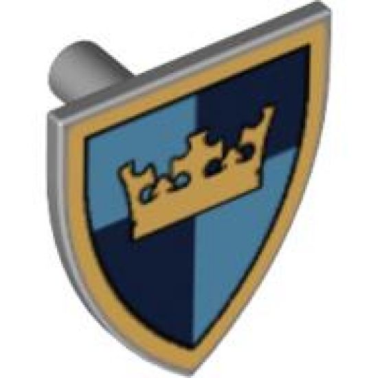 Minifigure, Shield Triangular with Gold Crown on Dark Blue and Medium Blue Quarters Background Pattern