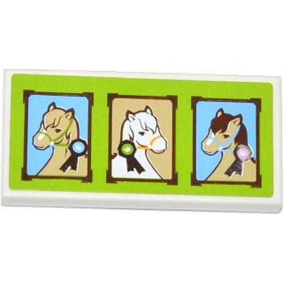 Tile 2 x 4 with 3 Horse Portraits on Lime Backgound Pattern (Sticker) - Set 3185