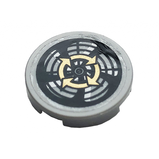 Tile, Round 2 x 2 with Bottom Stud Holder with Four Gold Arrows and Ventilation Fan Pattern (Sticker) - Set 60141