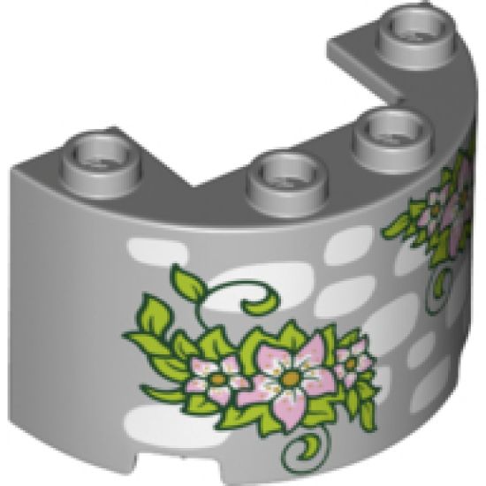 Cylinder Half 2 x 4 x 2 with 1 x 2 Cutout with White Stones and Lime Green Leaves with Bright Pink Flowers Pattern