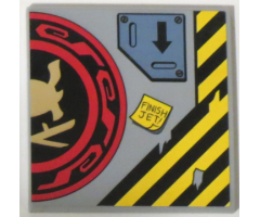 Tile 6 x 6 with Bottom Tubes with Samurai Helmet and Swords in Red and Black Circle Right Half, Arrow and 'FINISH JET!' Pattern (Sticker) - Set 70596