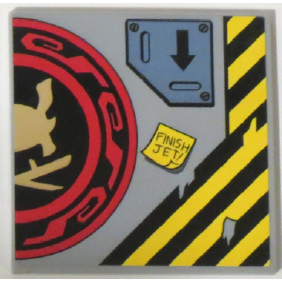 Tile 6 x 6 with Bottom Tubes with Samurai Helmet and Swords in Red and Black Circle Right Half, Arrow and 'FINISH JET!' Pattern (Sticker) - Set 70596