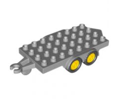 Duplo, Vehicle Trailer Flatbed 4 x 8 Studs with Hitch Ends, Four Black Wheels and Yellow Hubs