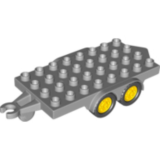 Duplo, Vehicle Trailer Flatbed 4 x 8 Studs with Hitch Ends, Four Black Wheels and Yellow Hubs