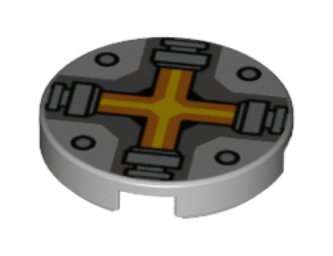 Tile, Round 2 x 2 with Bottom Stud Holder with Orange and Yellow Cross Pattern