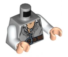 Torso PotC Open Vest with Dark Bluish Gray Embroidery and Dark Brown Belt Pattern / White Arms / Light Nougat Hands