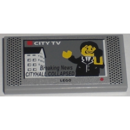 Tile 2 x 4 with 'Breaking News CITYHALL COLLAPSED' City TV Screen Pattern (Sticker) - Set 7208