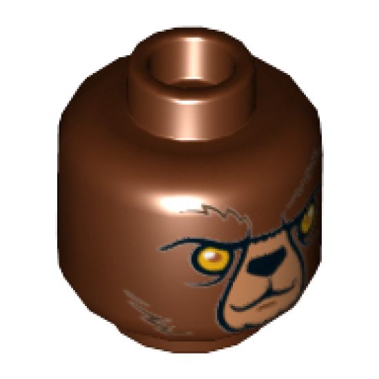 Minifigure, Head Dual Sided Alien Chima Bear with Black Nose, Yellow Eyes, Dark Brown Fur, Stern / Raised Eyebrow Pattern (Bulkar) - Hollow Stud