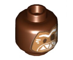 Minifigure, Head Alien Mask Medium Nougat with Dark Brown Eyes and White Eyebrows and Triangular Teeth Pattern (Kakamora) - Hollow Stud