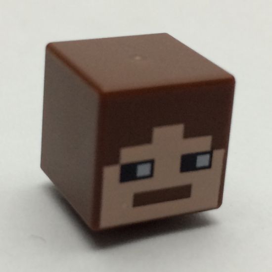 Minifigure, Head, Modified Cube with Minecraft Pixelated Face with Reddish Brown Hair Pattern
