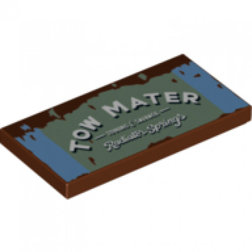 Tile 2 x 4 with 'TOW MATER Radiator Springs' on Light Blue and Sand Green Background Pattern