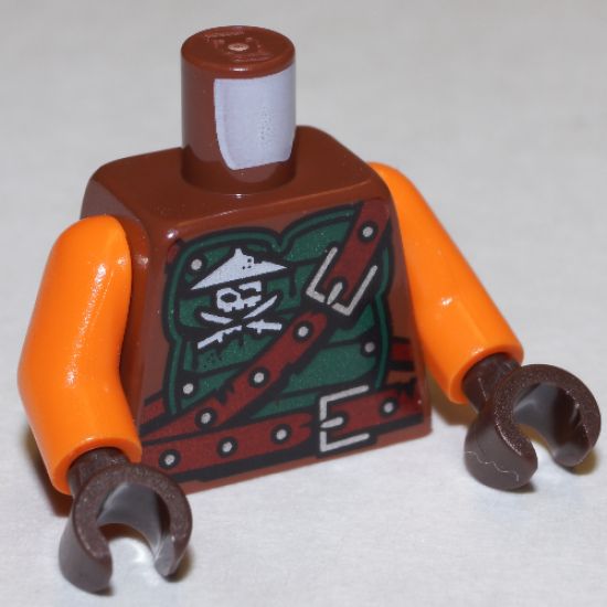 Torso Ninjago Green Armor with Belts, Ninja Skull with Crossed Swords and Scabbards Pattern / Orange Arms / Dark Brown Hands