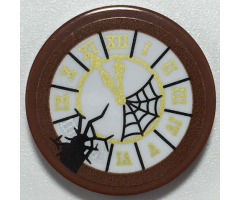 Tile, Round 2 x 2 with Bottom Stud Holder with Clock with White Face, Gold Hands and Roman Numerals, Black Cobweb and Crack Pattern (Sticker) - Set 70430