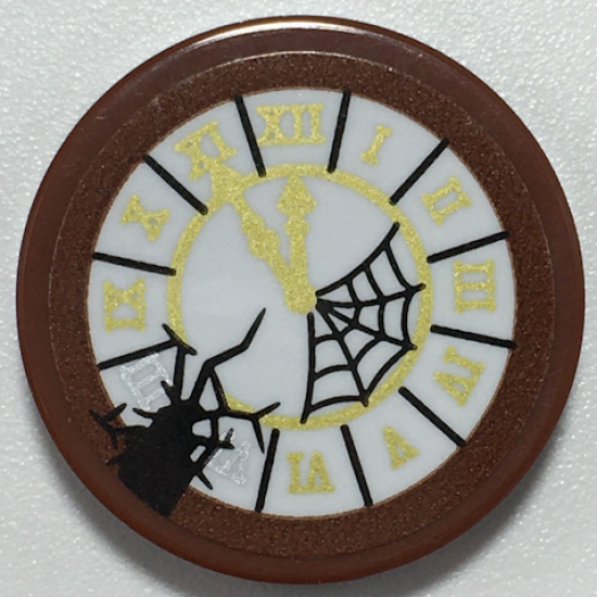 Tile, Round 2 x 2 with Bottom Stud Holder with Clock with White Face, Gold Hands and Roman Numerals, Black Cobweb and Crack Pattern (Sticker) - Set 70430