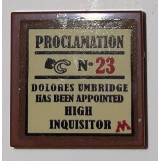 Tile 2 x 2 with Black and Red 'PROCLAMATION No. 23', Minifigure Hand, Text, and Letter M on Tan Background Pattern (Sticker) - Set 75966
