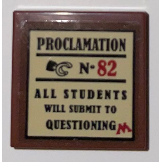 Tile 2 x 2 with Black and Red 'PROCLAMATION No. 82', Minifigure Hand, Text, and Letter M on Tan Background Pattern (Sticker) - Set 75966