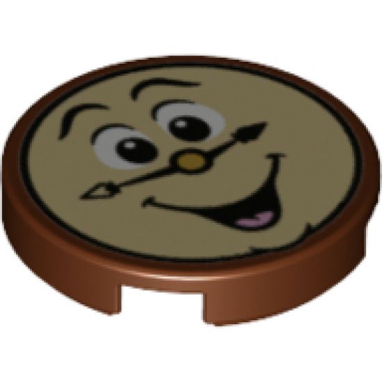 Tile, Round 2 x 2 with Bottom Stud Holder with Laughing Clock Face Pattern (Cogsworth)
