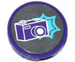 Tile, Round 2 x 2 with Bottom Stud Holder with Dark Purple Camera and Medium Azure Star Pattern (Sticker) - Set 41129