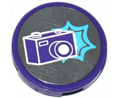 Tile, Round 2 x 2 with Bottom Stud Holder with Dark Purple Camera and Medium Azure Star Pattern (Sticker) - Set 41129