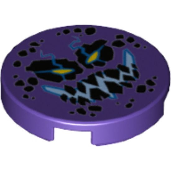 Tile, Round 2 x 2 with Bottom Stud Holder with Black Rock Teeth and Spots, Narrowed Yellow Eyes, Blue Electrified Evil Smile (Bouldron) Pattern