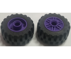 Wheel & Tire Assembly 18mm D. x 14mm with Pin Hole, Fake Bolts and Shallow Spokes with Black Tire 30.4 x 14 Offset Tread - Band Around Center of Tread (55981 / 92402)