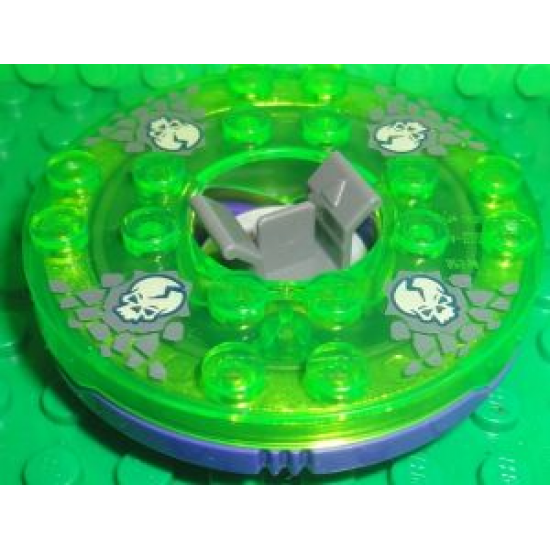 Turntable 6 x 6 x 1 1/3 Round Base with Trans-Bright Green Top and Glow In Dark Opaque Skulls on Dark Gray Pattern (Ninjago Spinner)