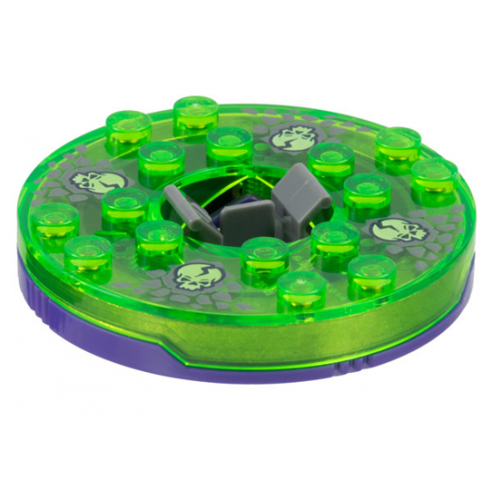 Turntable 6 x 6 x 1 1/3 Round Base with Trans-Bright Green Top and Glow In Dark Opaque Skulls on Dark Gray Pattern (Ninjago Spinner)