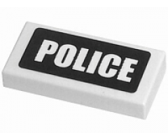 Tile 1 x 2 with White 'POLICE' on Black Background Pattern (Sticker) - Sets 7235 / 7236 / 7237