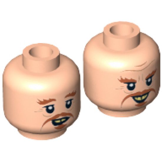 Minifigure, Head Dual Sided LotR Dark Orange Moustache, Goatee, Bushy Eyebrows, Wrinkles, Yellowed Teeth, Smile / Open Mouth Pattern - Hollow Stud