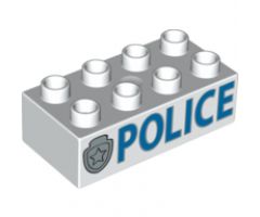 Duplo, Brick 2 x 4 with 'POLICE' and Star Badge Silver Pattern