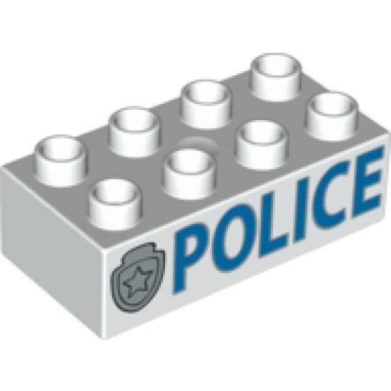 Duplo, Brick 2 x 4 with 'POLICE' and Star Badge Silver Pattern