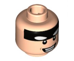 Minifigure, Head Black Headband with White Batman Eyes, Broad Smile Showing Teeth Pattern - Hollow Stud