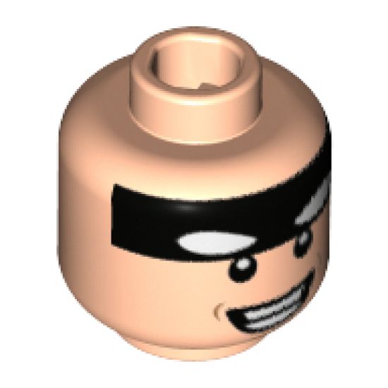 Minifigure, Head Black Headband with White Batman Eyes, Broad Smile Showing Teeth Pattern - Hollow Stud