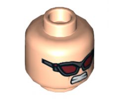 Minifigure, Head Dual Sided Brown Eyebrows, Stern Expression / Dark Red Goggles, Clenched Teeth Pattern (Hawkeye) - Hollow Stud