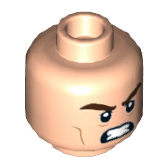 Minifigure, Head Dual Sided Thick Dark Brown Eyebrows, Dark Orange Cheek Lines, Open Mouth Smile / Bared Teeth Angry Pattern (Kite Man) - Hollow Stud