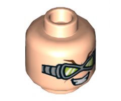 Minifigure, Head Dual Sided Reddish Brown Eyebrows, Silver Goggles with Lime Triangular Lenses, Evil Grin / Worried Expression Pattern - Hollow Stud