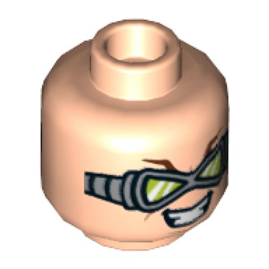 Minifigure, Head Dual Sided Reddish Brown Eyebrows, Silver Goggles with Lime Triangular Lenses, Evil Grin / Worried Expression Pattern - Hollow Stud