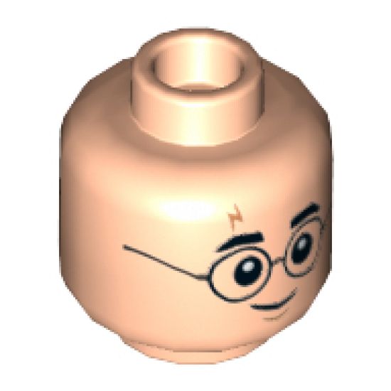 Minifigure, Head Dual Sided Black Glasses Round, Black Eyebrows, Dark Orange Lightning Scar, Grin / Scared Pattern - Hollow Stud