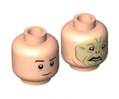 Minifigure, Head Dual Sided Reddish Brown Eyebrows (Quirrell) / Crooked Tan Face with Dark Orange Contours (Voldemort) Pattern - Hollow Stud
