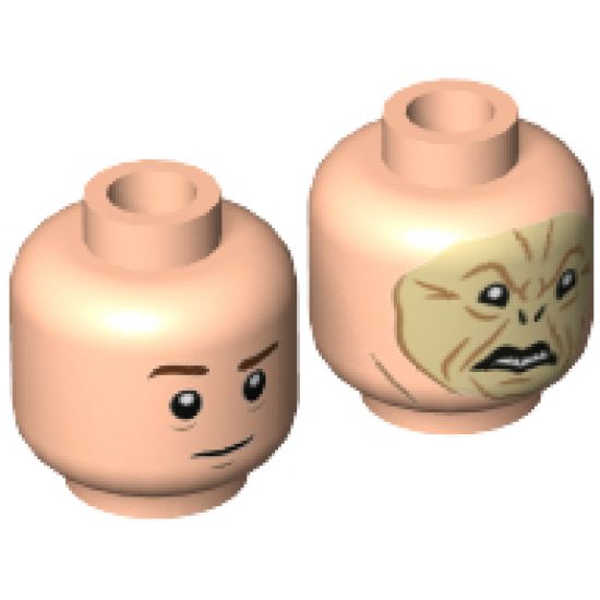 Minifigure, Head Dual Sided Reddish Brown Eyebrows (Quirrell) / Crooked Tan Face with Dark Orange Contours (Voldemort) Pattern - Hollow Stud
