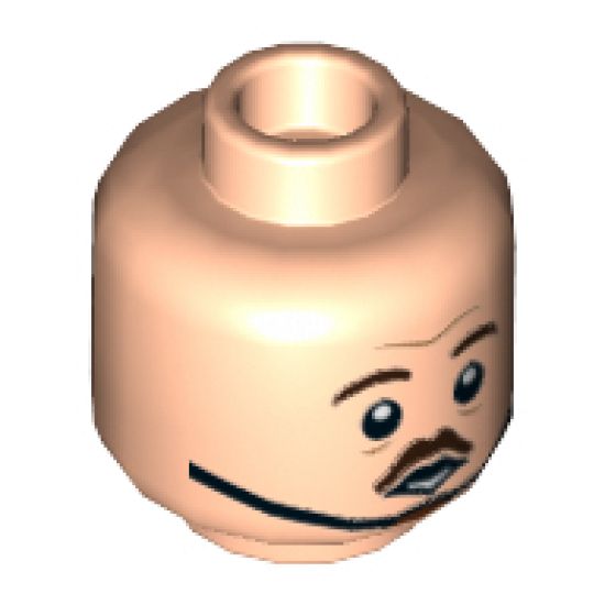 Minifigure, Head Dual Sided Dark Brown Eyebrows and Small Moustache, Medium Nougat Lines Neutral/Concerned (Chin Strap) Pattern - Hollow Stud