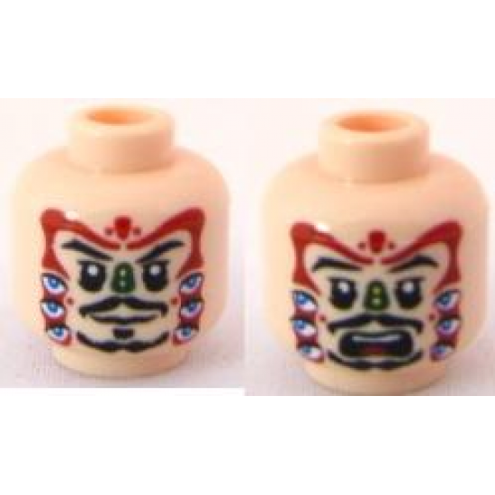 Minifigure, Head Dual Sided PotC Jack Black Moustache Cannibal Face Paint, Smile / Surprised Pattern - Blocked Open Stud