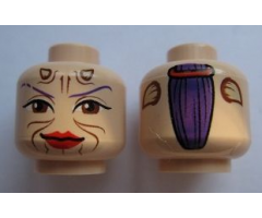 Minifigure, Head Dual Sided Alien with SW Sugi, Large Brown Eyes, Red Lips and Cheek Lines / Purple Hair Pattern - Blocked Open Stud