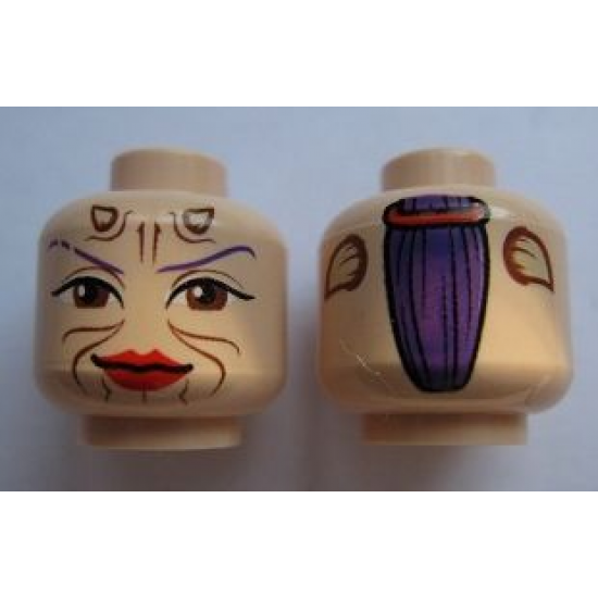 Minifigure, Head Dual Sided Alien with SW Sugi, Large Brown Eyes, Red Lips and Cheek Lines / Purple Hair Pattern - Blocked Open Stud